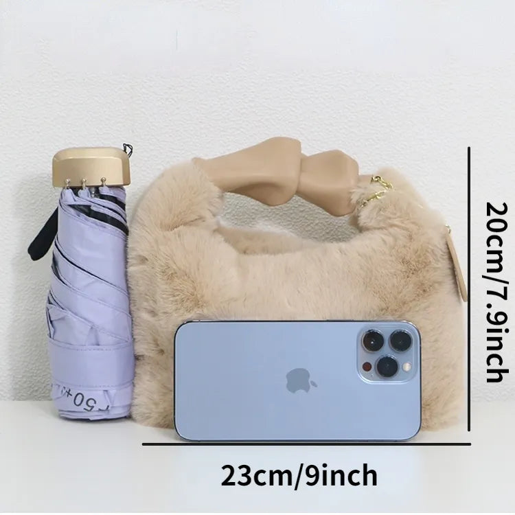 Women Faux Fur Handbags Zipper Small Lady Shoulder Crossbody Bag Casual Tote Half-Moon Hobos Winder