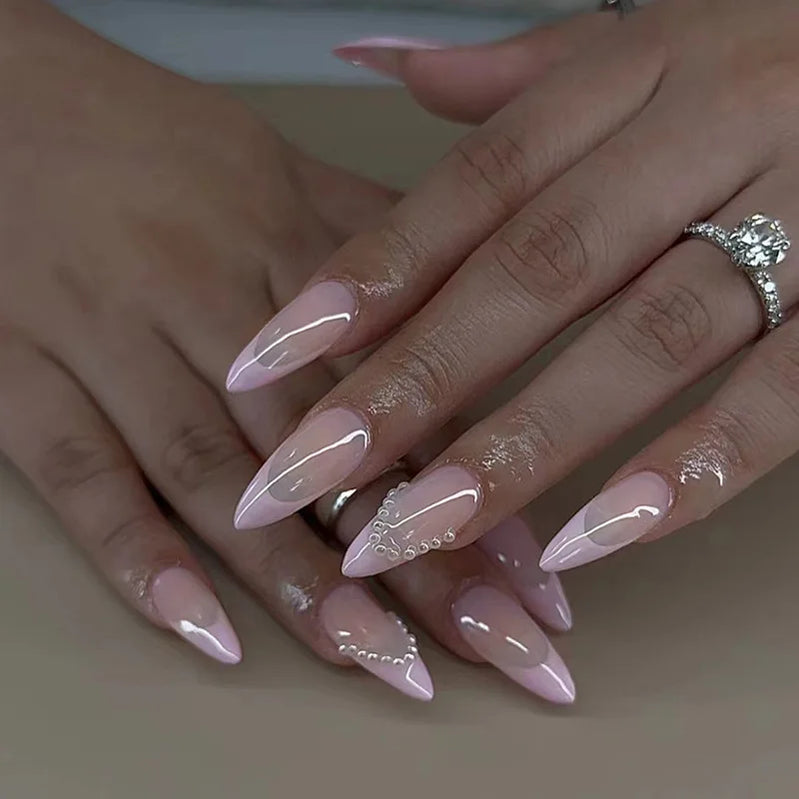 24Pcs Nude Pink Press on Fake Nails with Flower Design Short Almond French False Nails Golden Stripes Manicure Wearable Nail Tip