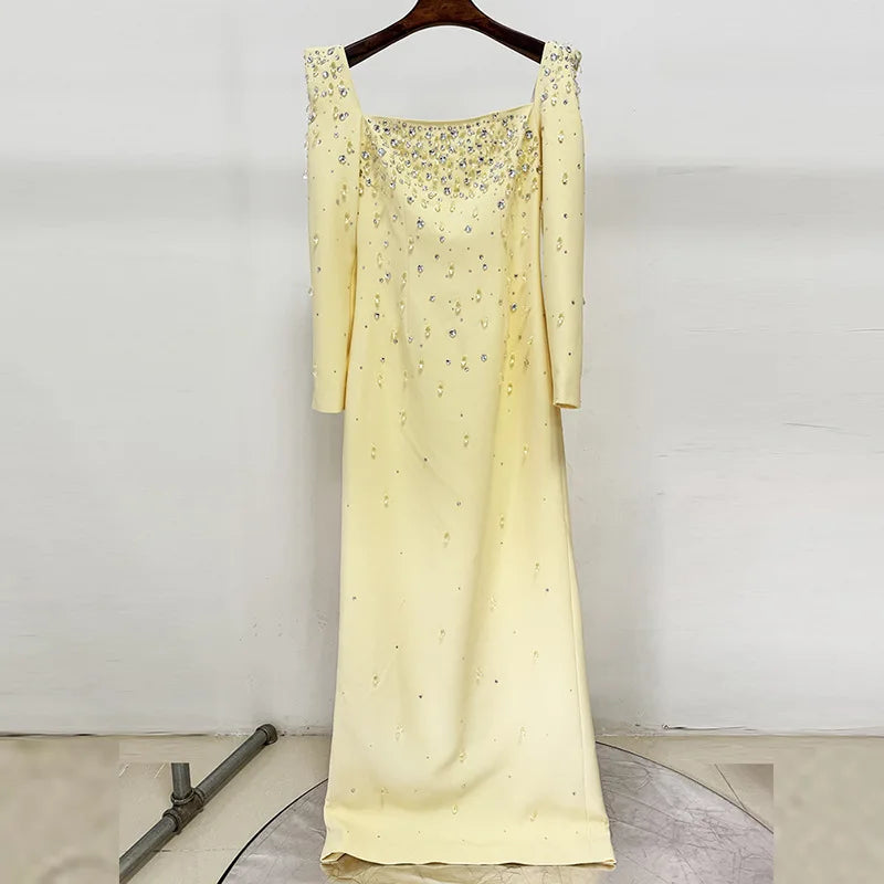 TWOTWINSTYLE Solid Slimming Spliced Bead Luxurious Midi Dresses for Women Square Neck Long Sleeves Split Elegant Dress Female