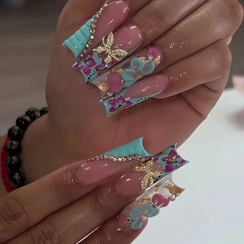 24Pcs Long Coffin Blue False Nails Set Shiny 3D Metal Butterfly Rhinestones Design Nail Tips Art Wearing French Manicure Tools