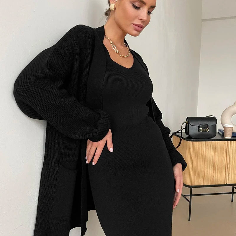 Soft Vintage Lace Up Women Suits 2 Pieces Female Sets with Belt V Neck Cardigan & Midi Dress Ladies Knitted TrackSuit Black Free Size