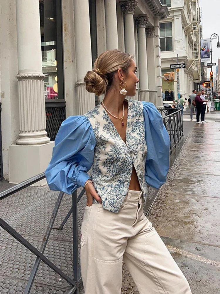 Chic Patchwork Print Floral Shirt Women V-neck Coil Buckle Lantern Sleeve Split Female Blouse Spring Summer Lady Streetwear