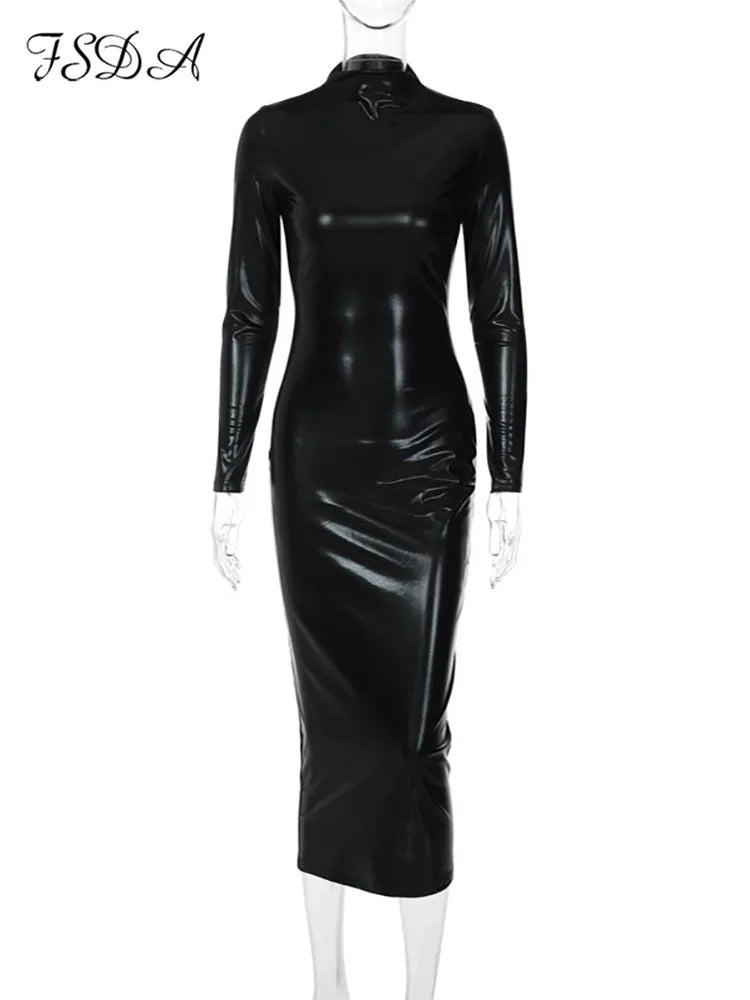 Black Midi Bodycon Dress Sexy Women Turtleneck Long Sleeve Pu Leather Party Dresses Club Elegant 2024 Autumn Winter