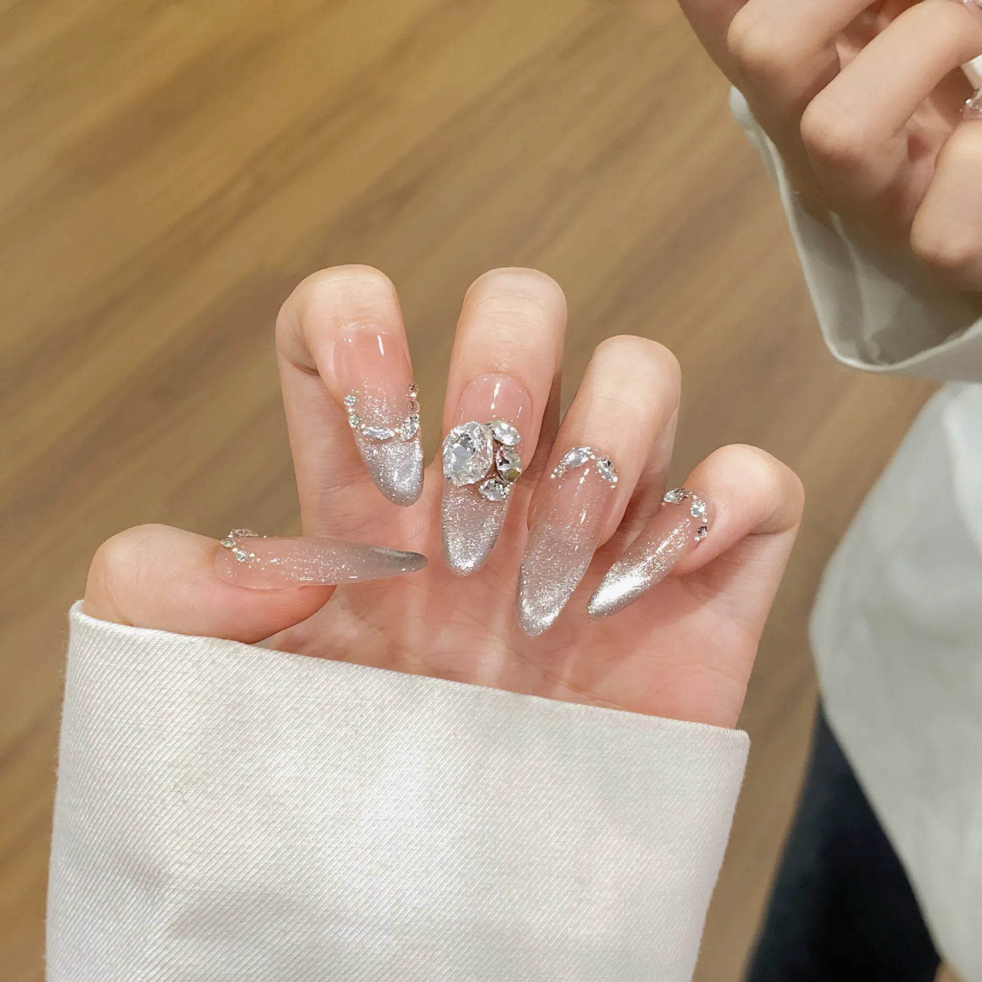 10Pcs Long Stiletto Cat Eye Handmade Gel Nails Press Ons Sweet Cool Leopard Print False Nail Shiny Diamond French Fake Nail Tips