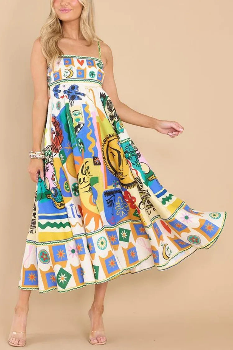 Elegant Printed Sleeveless Swing Dress Women's High Waist Suspender Backless Sexy Women's Summer Beach Vacation Robe