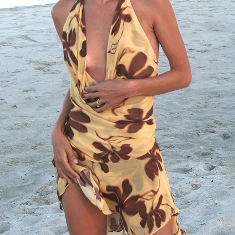 Halter Print Sexy Mini Dress For Women Robe Elegant Deep V Neck Sleeveless Backless Ruffled High Waist Beach Dress