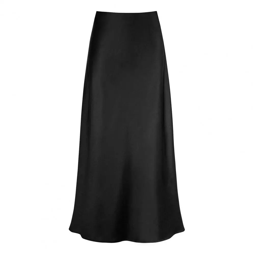 Faux Silk Satin Women Skirt Elegant High Waist A-Line Fishtail Skirt Glossy Office Lady Flared Hem Maxi Skirt Printed Skirts Black