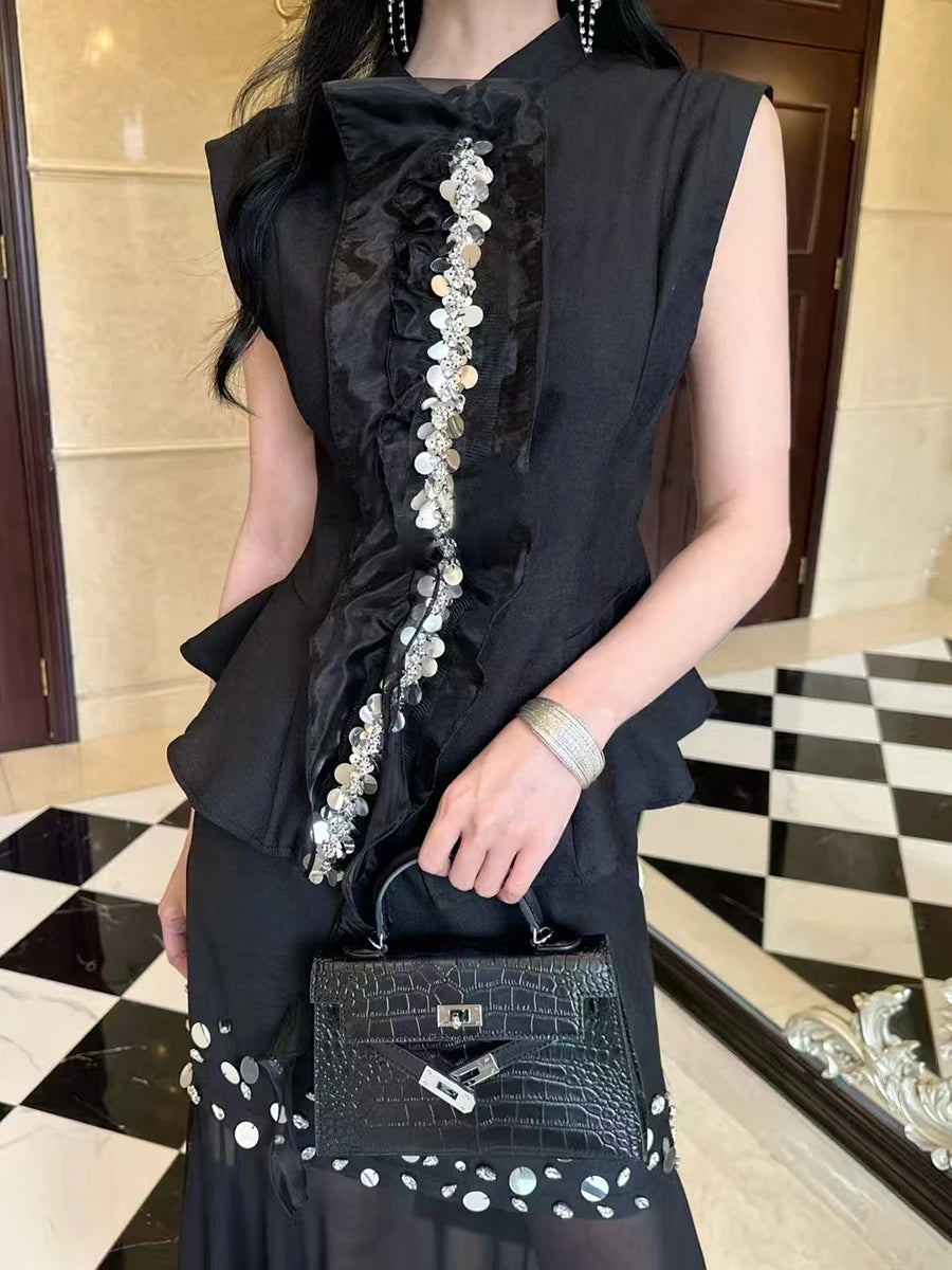 TWOTWINSTYLE Solid Two Piece Sets for Women Round Neck Sleeveless Patchwork Sequin Vest High Waist Sheer Skirt Set Female New