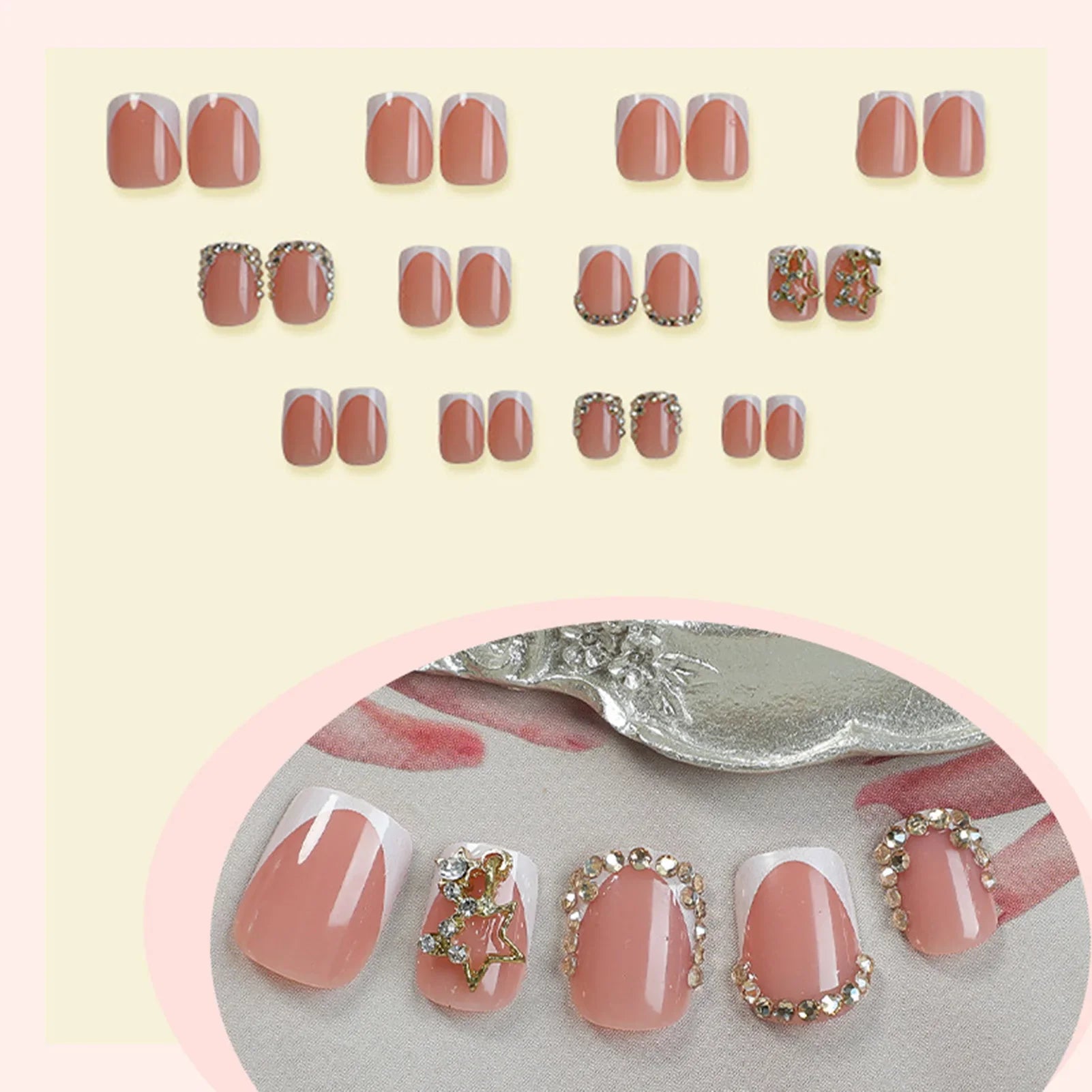 White French Fake Nails Short Square Head Press On Nails Shiny Rhinestone Alloy Star Designs Women Girls Year False Nails