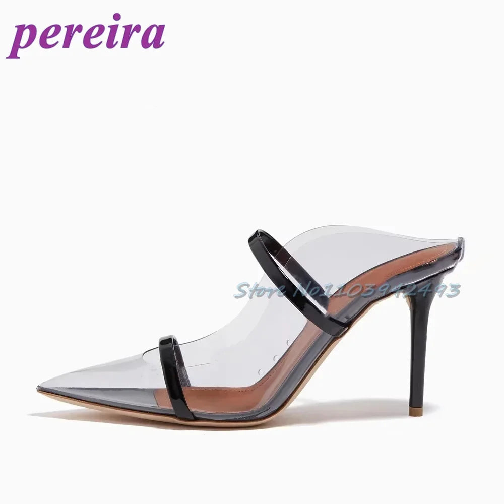 Transparent Blue PVC Sandalias De Mujer Pointed Toe Heeld Sandals Shallow Strappy Heels Women Luxury Designer Shoes 2025 Mules