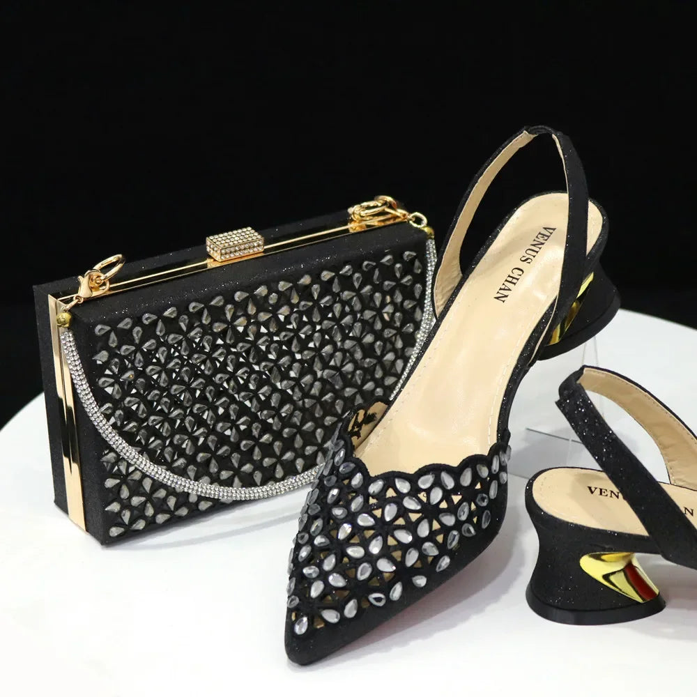 Venus Chan Low Heel Shoes for Women Hollowed Out Embroidery Rhinestone Italian Design Gold Color Pointed-Toe Shoes and Bags Set BLACK FOR SET