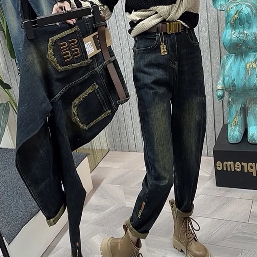 Y2k Jeans Women's Jeans Large Size High Waist Lean Elastic Thick Design Retro Fashion Women's Pants Harun Pants