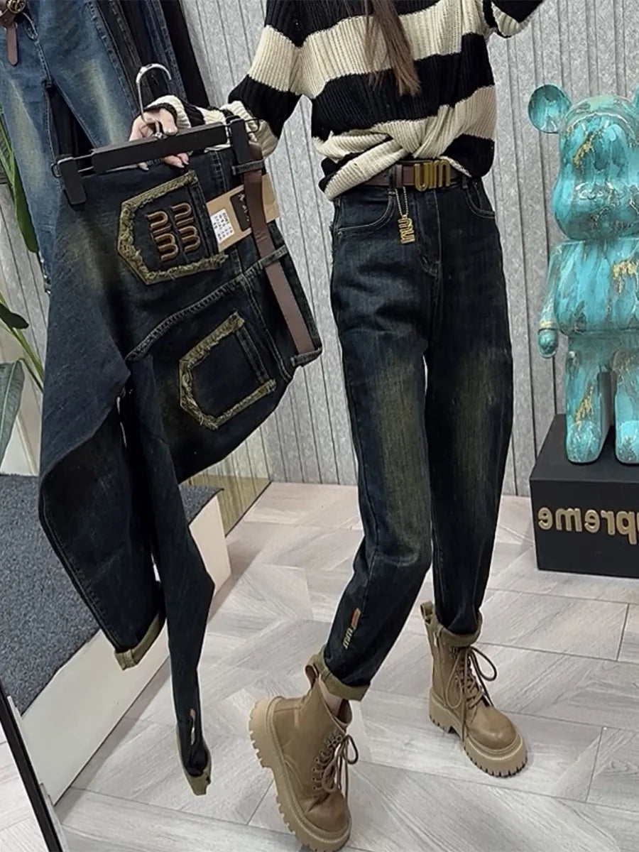 Y2k Jeans Women's Jeans Large Size High Waist Lean Elastic Thick Design Retro Fashion Women's Pants Harun Pants