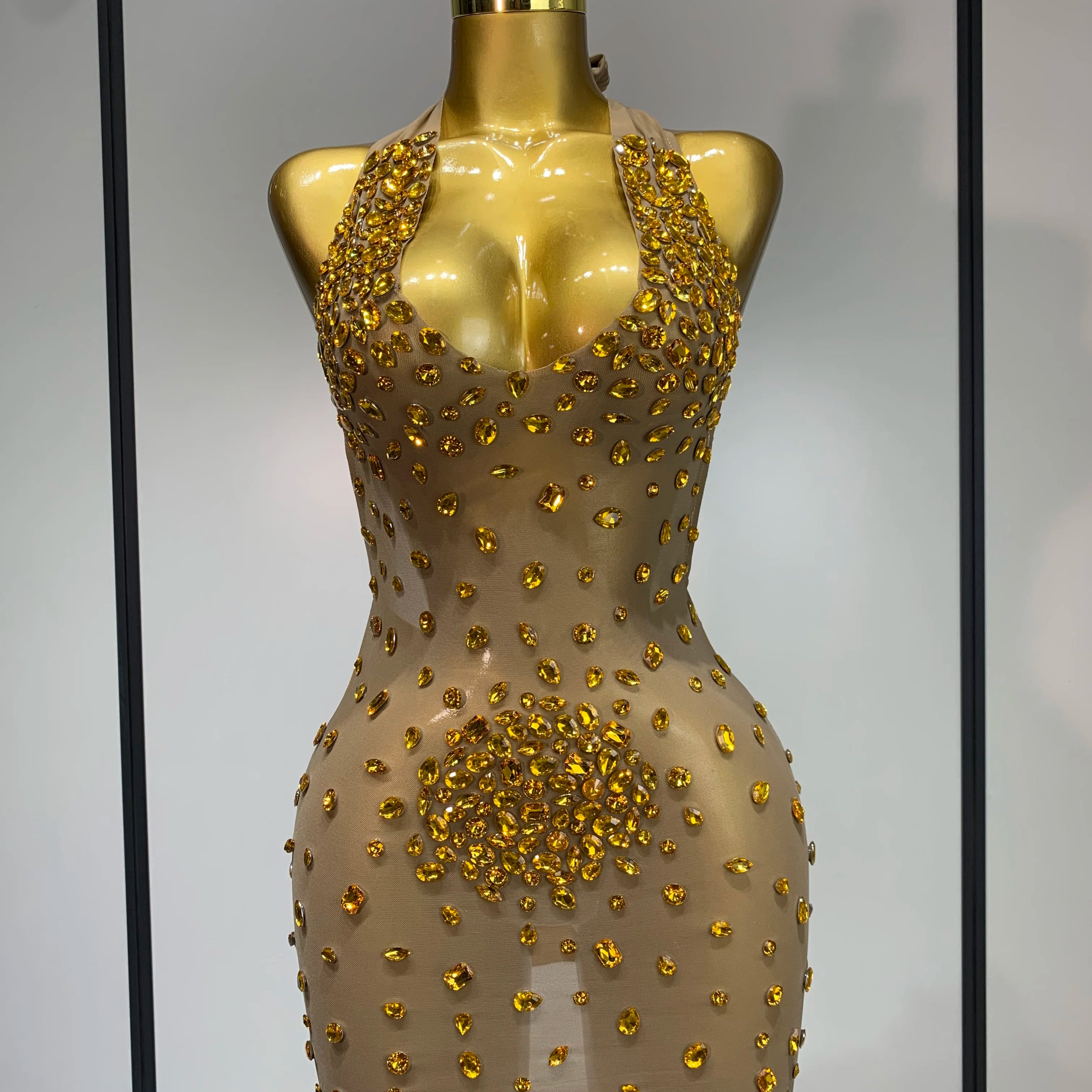 Luxury Rhinestones Backless Mini Dress Women Sexy Mesh Transparent Celebrate Evening Birthday Photo Shoot Perform Stage Outfit