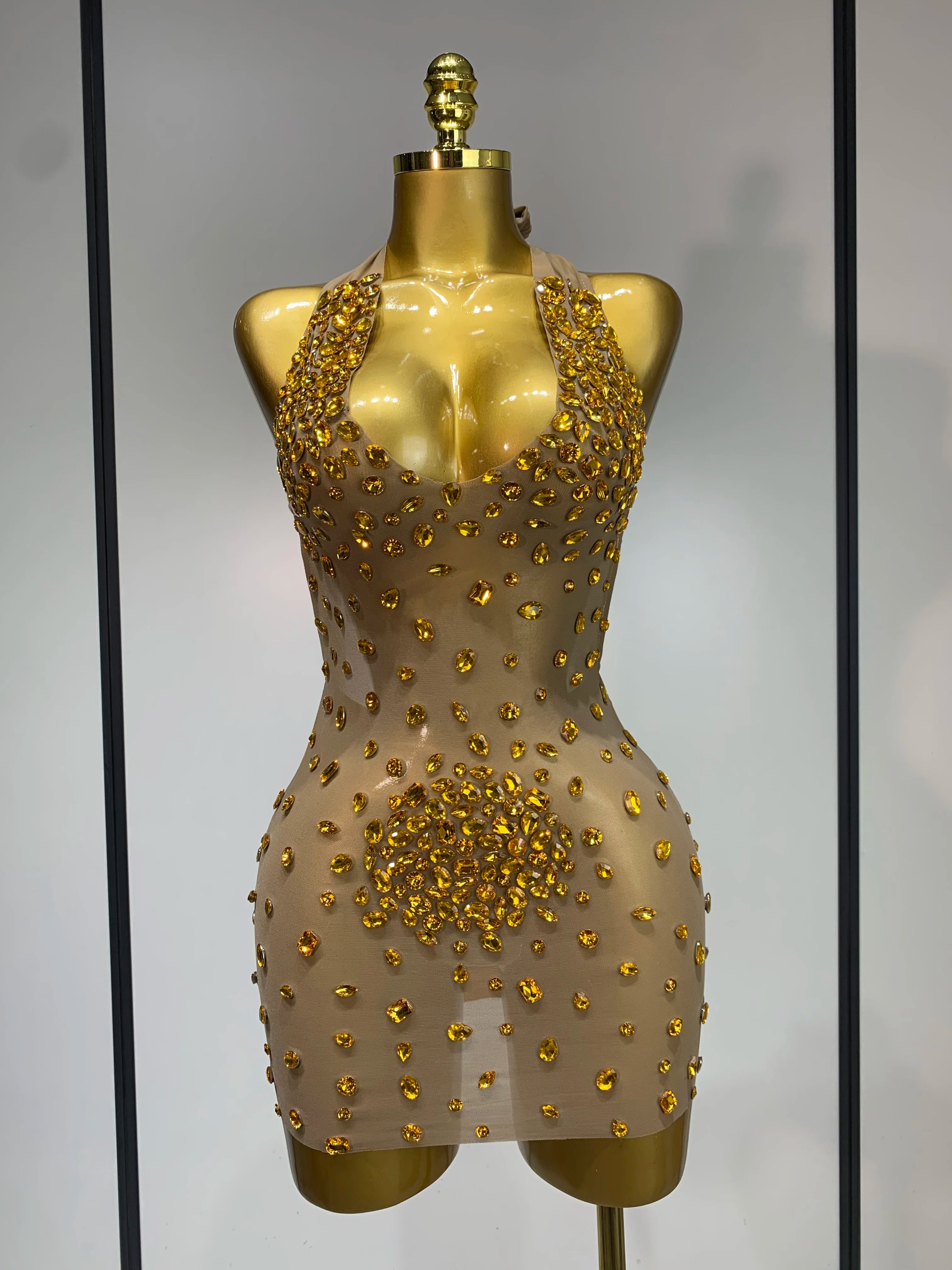 Luxury Rhinestones Backless Mini Dress Women Sexy Mesh Transparent Celebrate Evening Birthday Photo Shoot Perform Stage Outfit