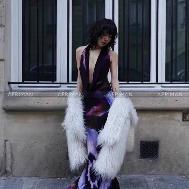 Women New Halo Dye Positioning Print Sexy Backless Hanging Neck V-neck Holiday Wear Maxi Dress for Women MULTI