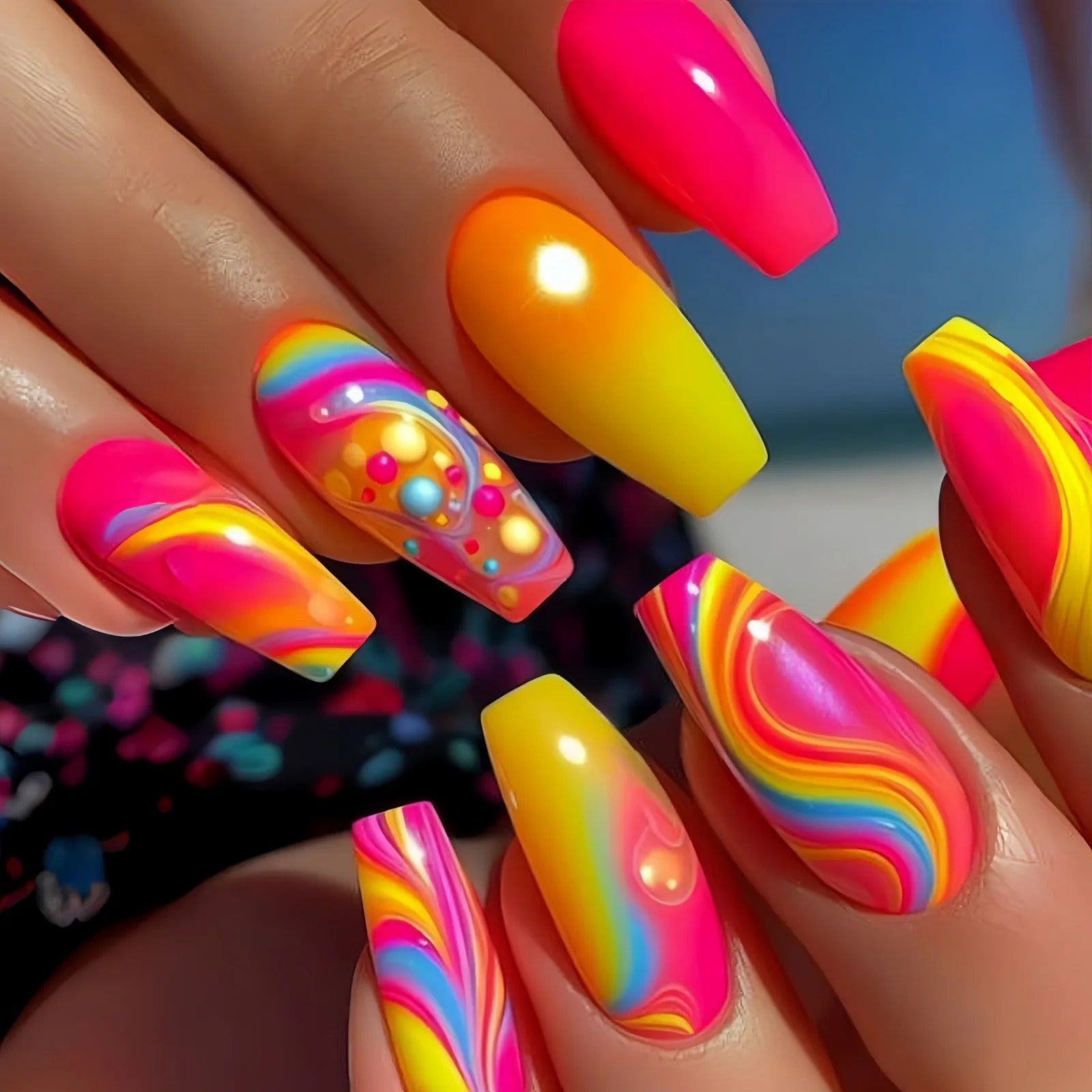 24pcs/set Short medium long fake nails colorful gradient Y2K sunset heart leopard print square ballet tips press on false nail