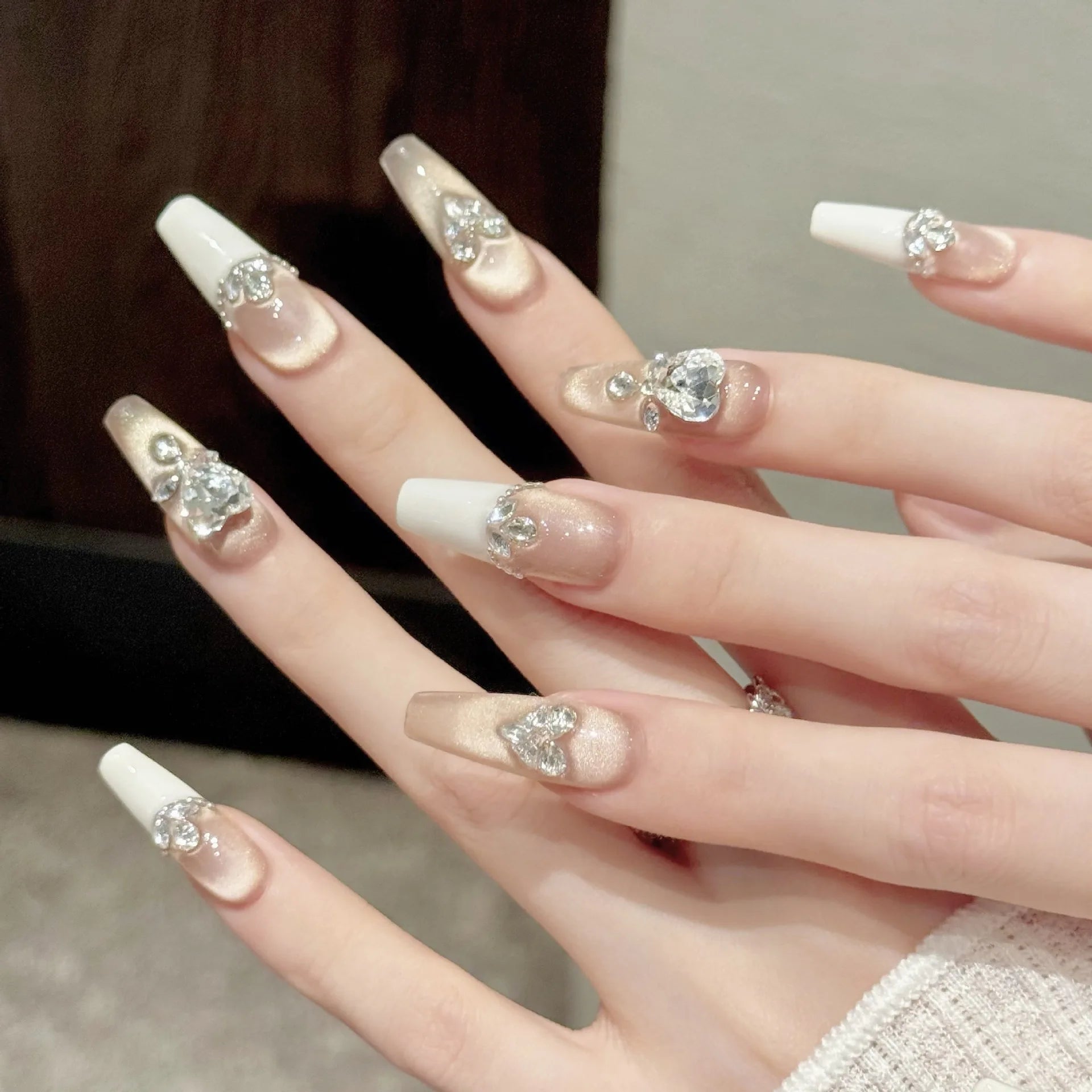 10pcs French Handmade Fake Nail Tips Diamond Design Cat's Eye Long Ballet False Nail Art Finished Wearable Coffin Press on Nails