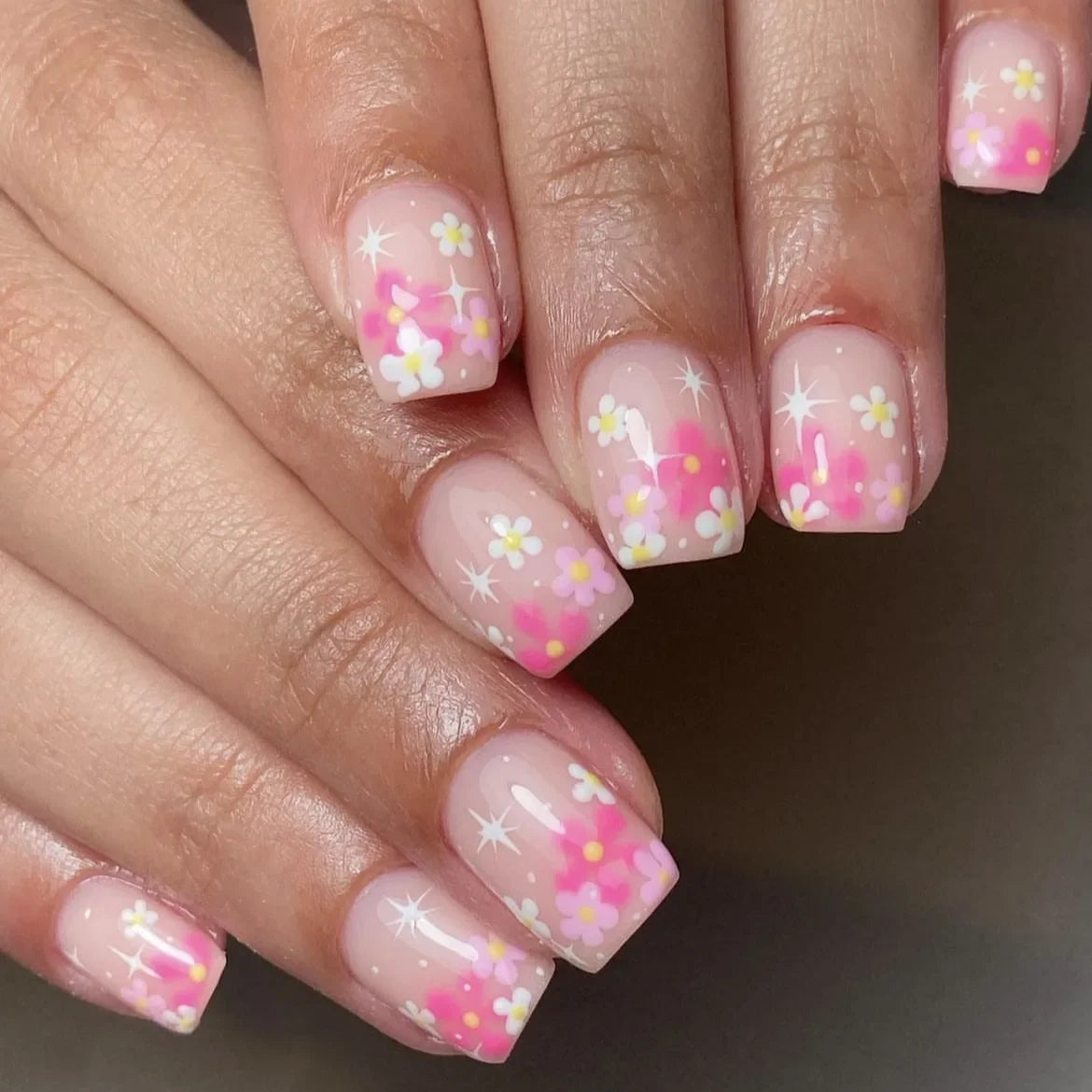 Faux ongles courts et carrés brillants, 24 pièces/boîte, pointe française colorée, motif floral, printemps-été, pour femmes