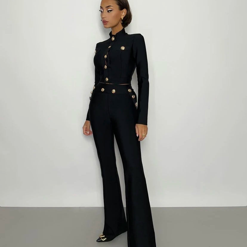 Conjunto de 2 peças de bandagem de rayon preto de manga comprida para festa à noite