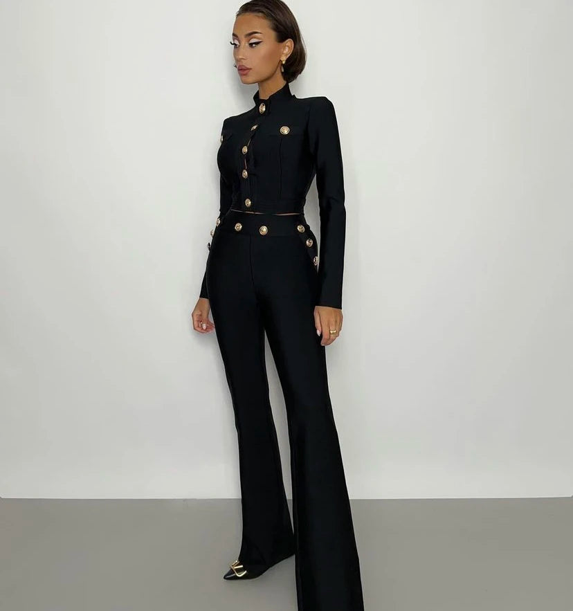 Conjunto de 2 peças de bandagem de rayon preto de manga comprida para festa à noite