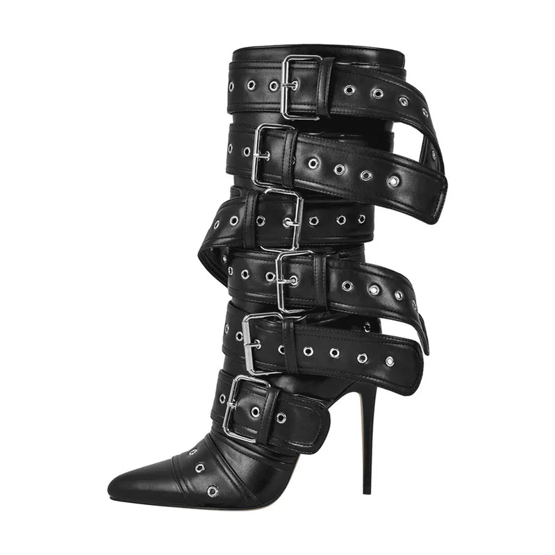 Women Pointed Toe Mid-Calf Boots Buckle Strap Thin High Heel Lady Zipper Female Stiletto Boots CD230841A