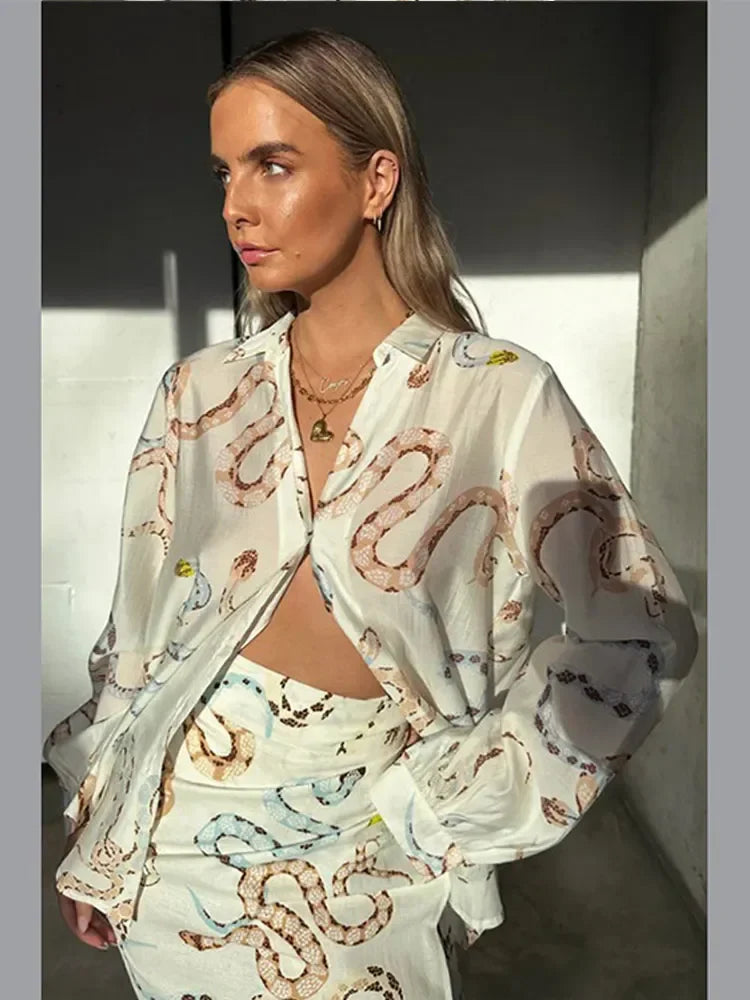 Snake Print Long Sleeve Shirt Split Skirt 2 Pcs Set Women Single Breasted Loose Lapel Short Dress Set Summer Chic Female Suits