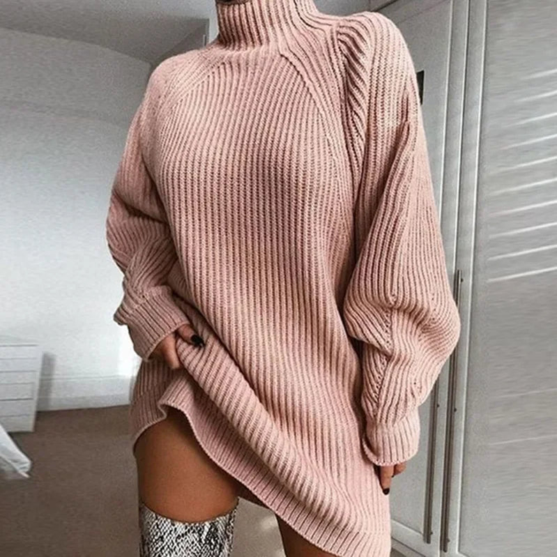 Women's Solid Color Loose Knitted Dress 2023 Autumn Winter New Dress Sweater Women Long Sleeve Turtleneck Pullover Dress Sweater Pink