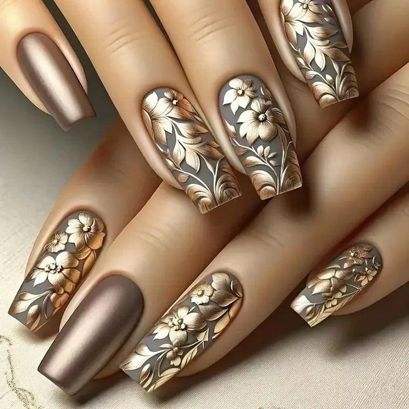 24pcs Acrylic Press on Nails Medium Green Flower Plants Pattern Fake Nails with Glue Ballet Full Cover Wearable False Nail Tips