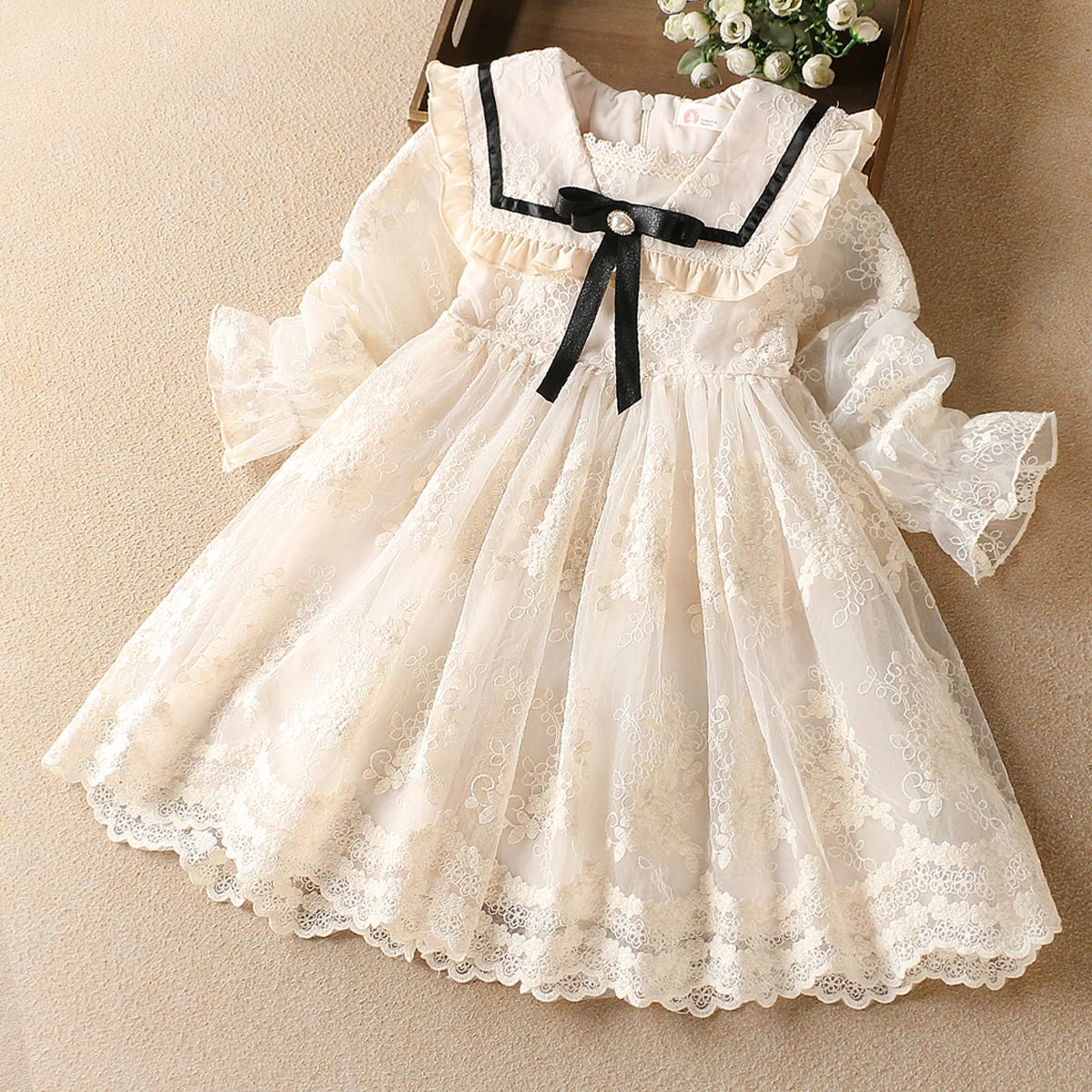 Cute Baby Girls Dresses Spring Autumn Puffle Sleeve Kids Princess Clothes Plaid Doll Collar Party Teens Wear for 6 8 10 12 Years Ivory