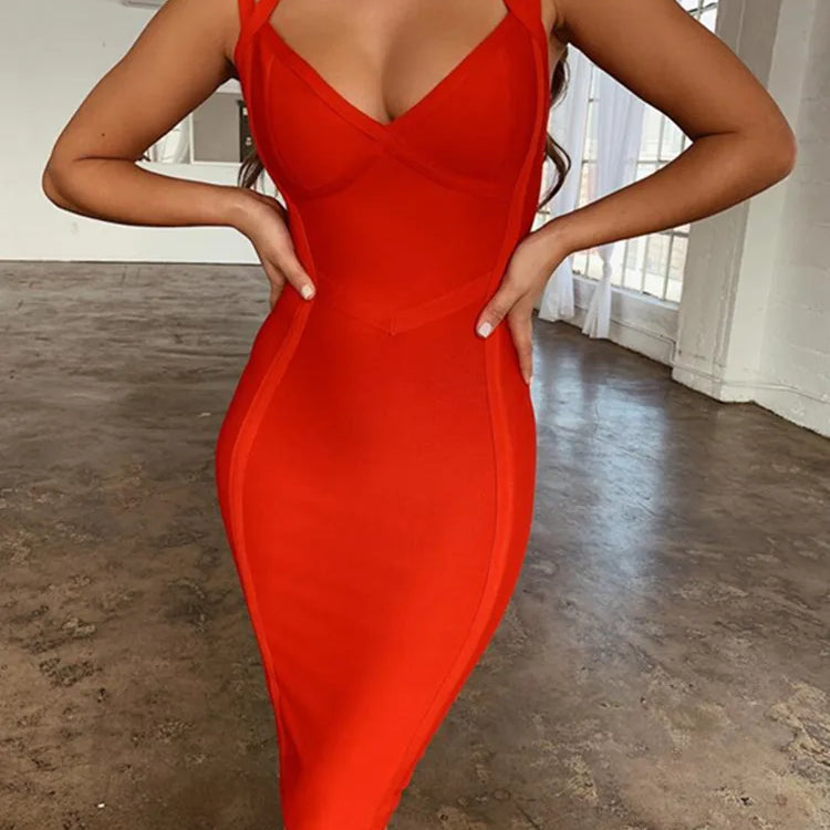 Free Shipping Women Summer Style Sexy V Neck Backless Black Red Bandage Dress 2022 Designer Fashion Evening Party Dress Vestido