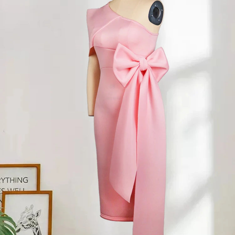 Women Pink Dress One Shoulder with Bowtie Waist Belt Party Christmas Elegant Slim Birthday African Event Celebrate Occasion New