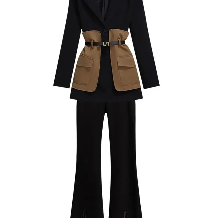 2023 Spring Belt Decorative Patchwork Jacket Blazer Casual Expansion Crying Two-piece Elegant Women Pants Suit Office Outfits
