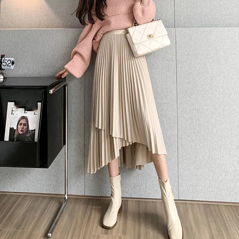 Vintage Streetwear Pleated Skirts Female Autumn Winter High Waist Irregular Long Skirt Women Fashion A Line Midi Skirts Khaki One Size 40-75kg
