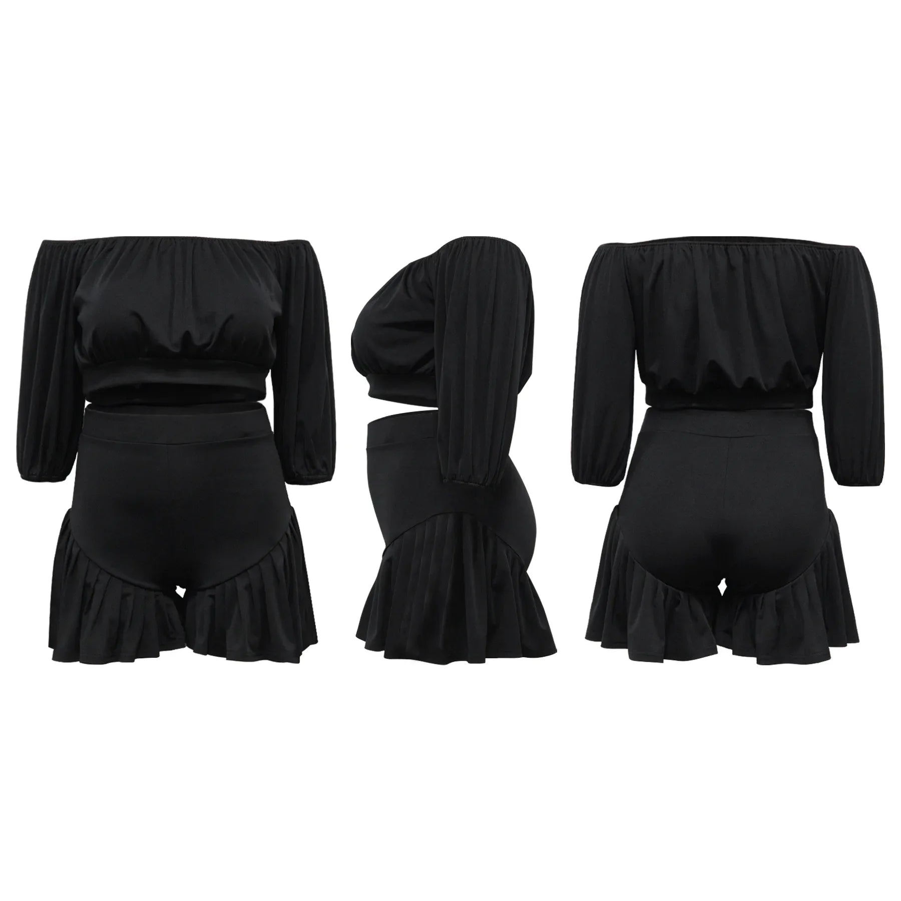 CM.YAYA Plus Size Women's Set Long Sleeve Slash Neck T-Shirt and Shorts 2025 Summer Ruched Two 2 Piece Set Outfits Tracksuit
