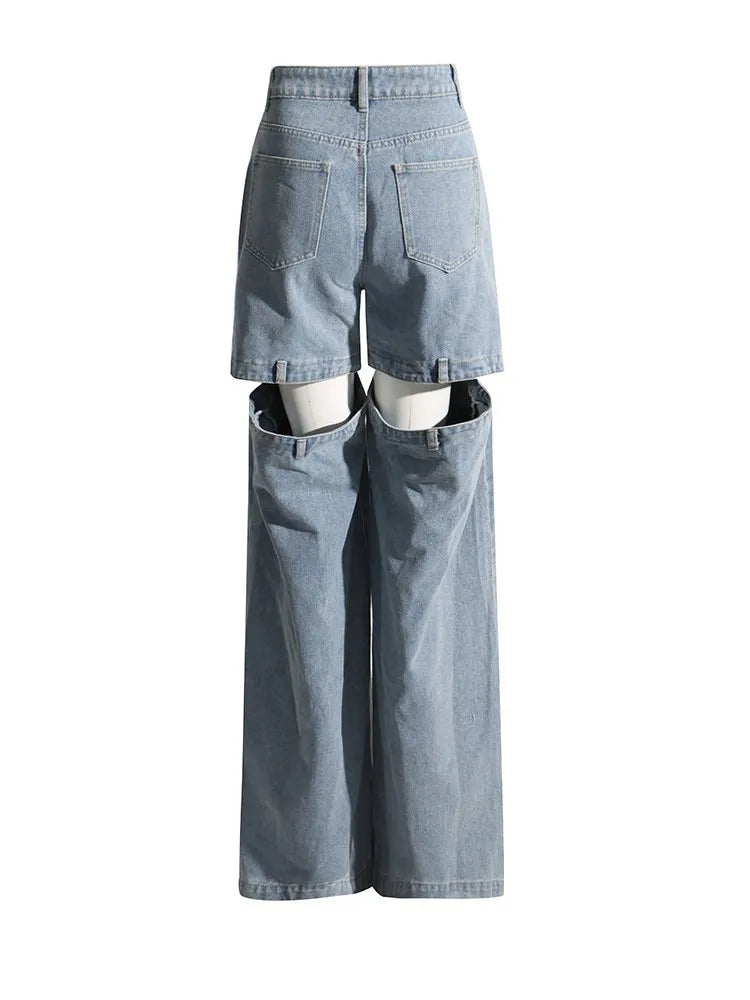 Hollow Out Streetwear Denim Trousers For Women High Wasit Loose Patchwork Wide Leg Pats Female Fashion Summer Clothing New