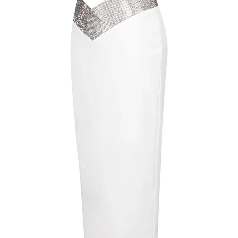 Saia midi bandagem justa branca e preta com cristais e diamantes, saia lápis de cintura alta para festa e boate, 77 cm