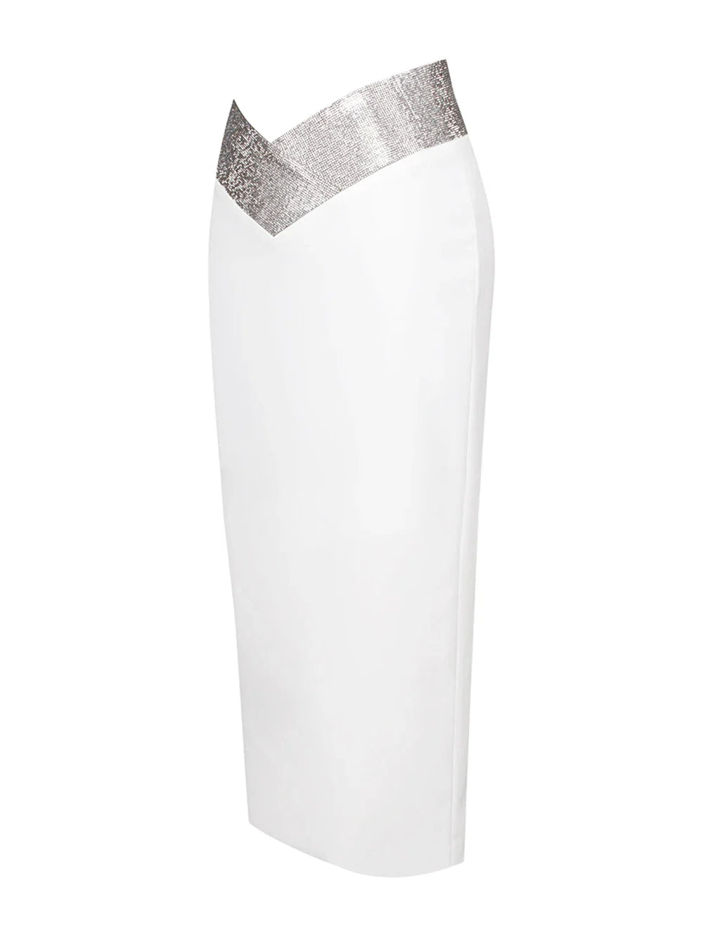 Saia midi bandagem justa branca e preta com cristais e diamantes, saia lápis de cintura alta para festa e boate, 77 cm