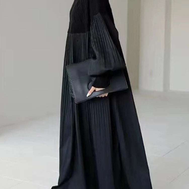 Vintage Black Hollow Out Knitted Patchwork Long Sleeve Pullover Dress Casual Loose Mid Long Vestidos Autumn Winter