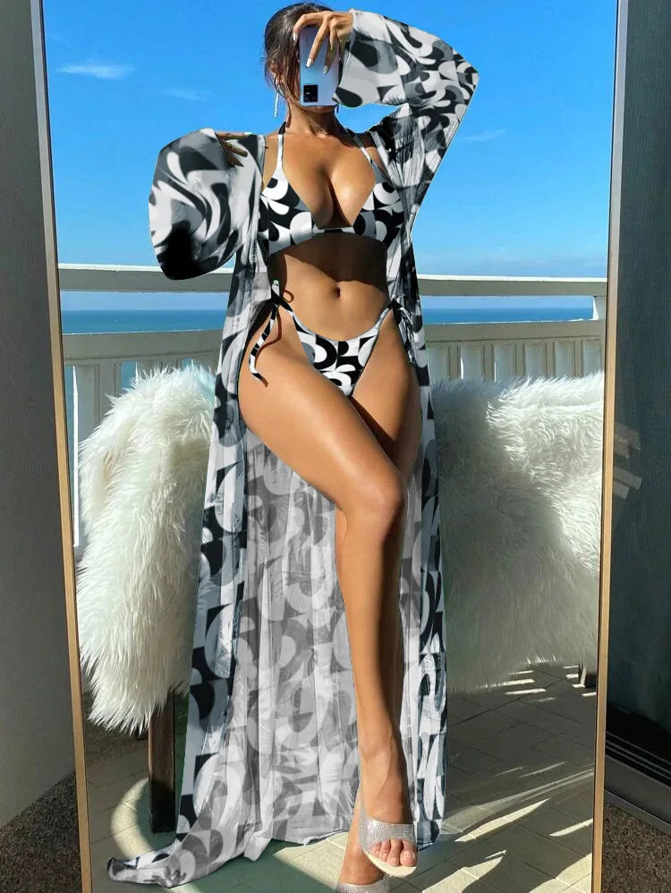 3 Pieces Triangle String Bikini Swimsuit Women & Kimono Swimwear Female Sexy Bathers Bathing Swimming Swim Suit Beachwear Black