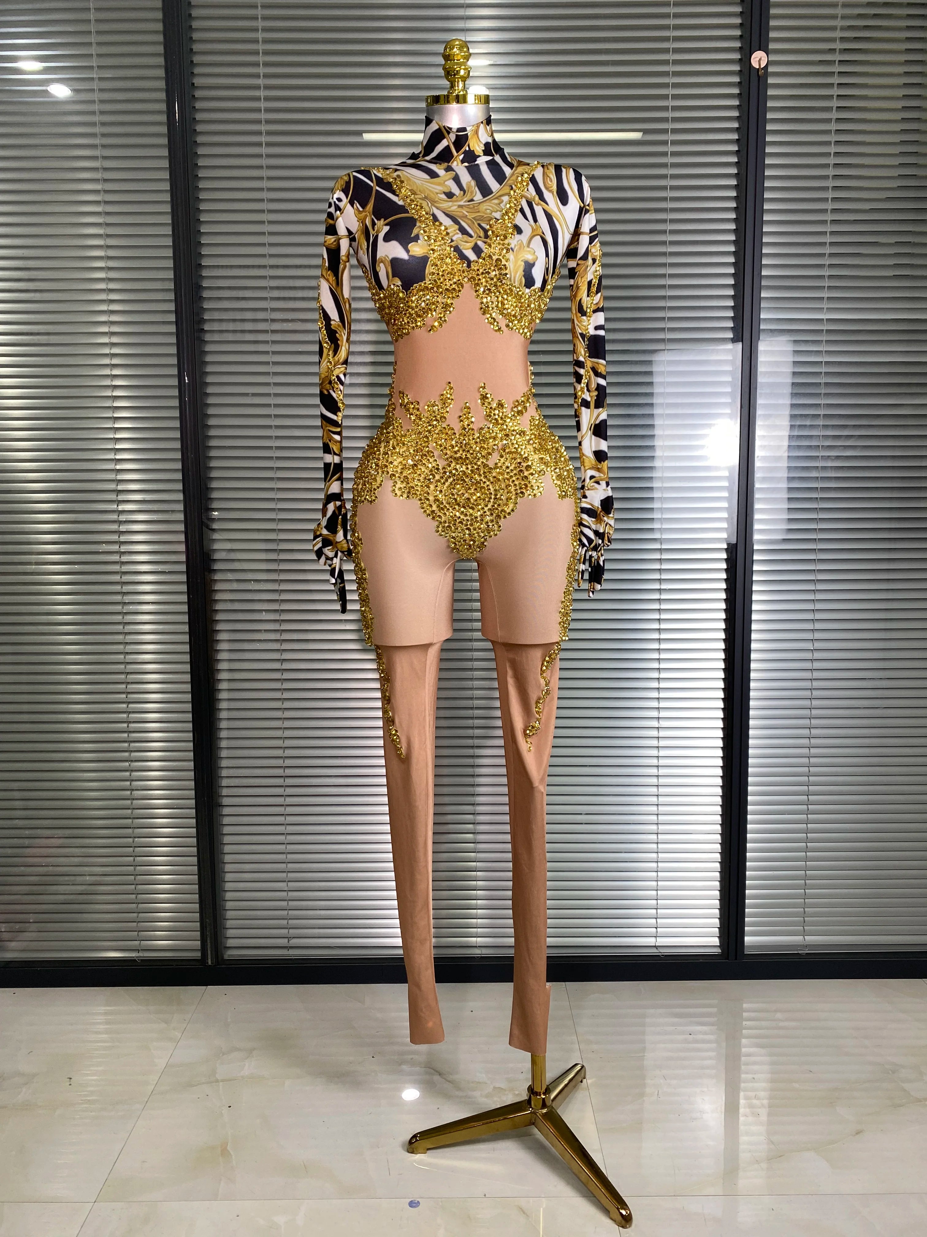 Women Sexy Skin Gold Bodycon Jumpsuit Celebrity Designer Singer Dancer Night Club Rompers