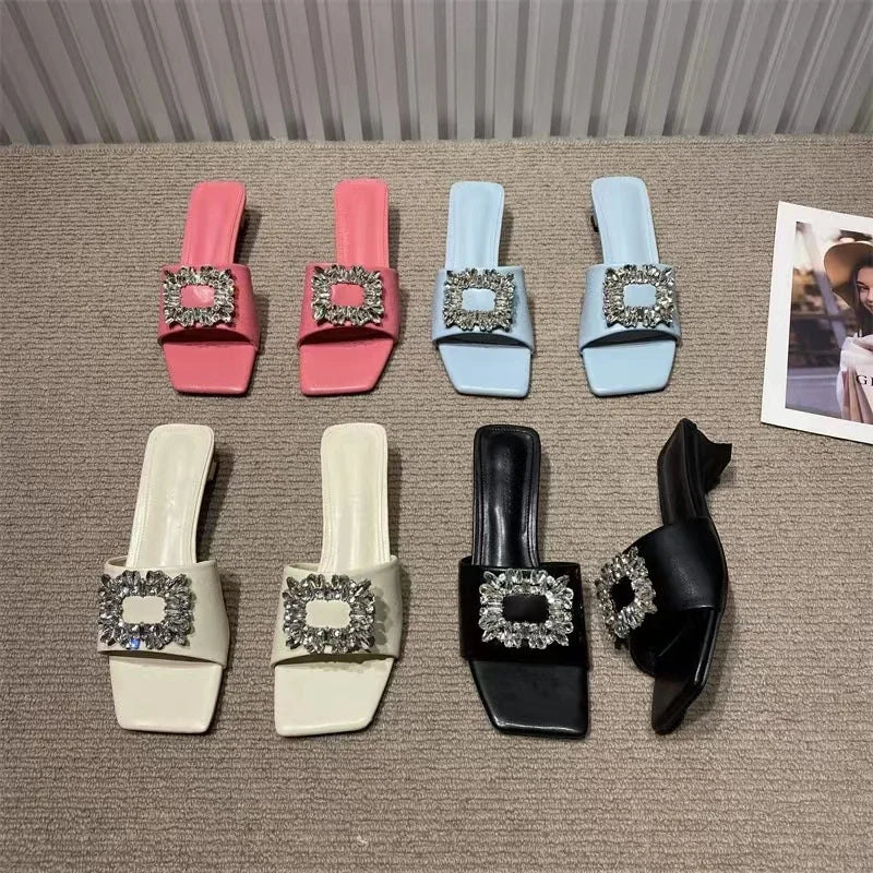 Elegant S Slippers Women's Open Toe Flat Heel Slip-on Muller Shoes Crystal Slippers Brand Rhinestone Square Buckle Sandals Mujer