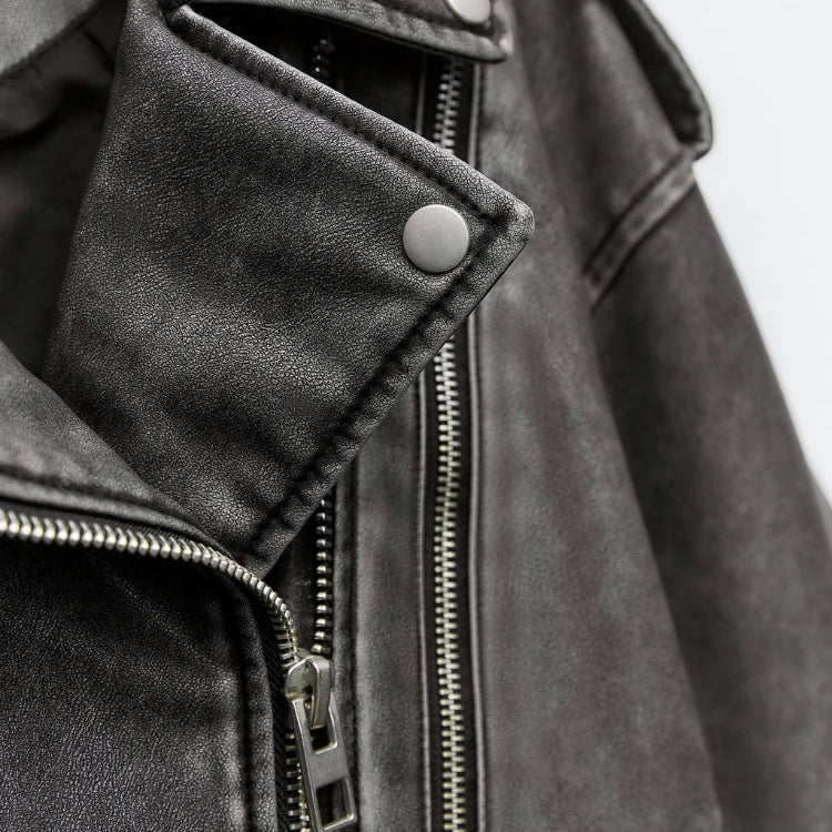 Women's PU Leather Short Jacket Coats Lapel Collar Long Sleeves Distressed Faux Leather Biker Jacket Female Chic Outerwear