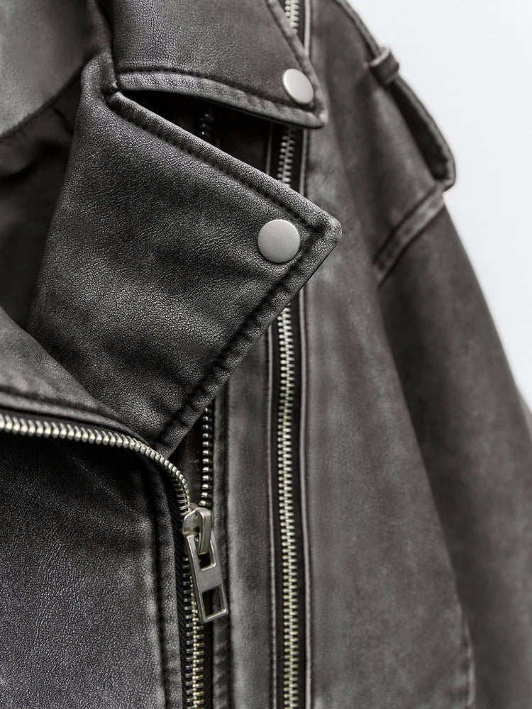 Women's PU Leather Short Jacket Coats Lapel Collar Long Sleeves Distressed Faux Leather Biker Jacket Female Chic Outerwear