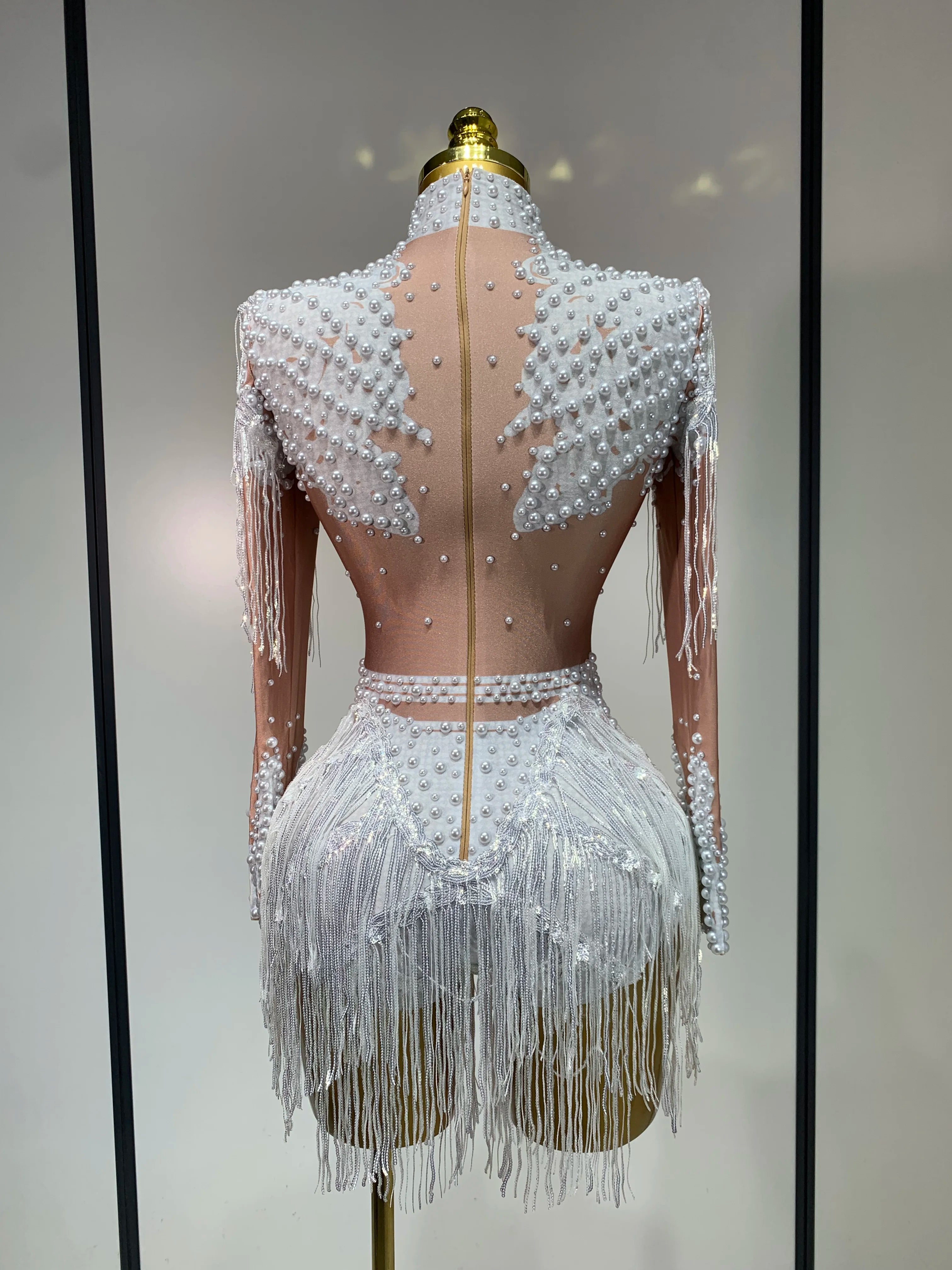 Women Long Sleeve Sexy Stretch Bodycon Shinning Tassels Rhinestones Bodysuit Celebrate Birthday Club Evening Party Stage Outfit