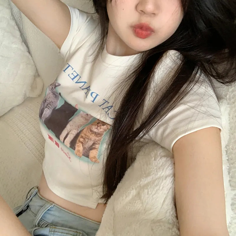 Women Short Sleeve Crop Tops Cat Print Crew Neck Slim Fit T-Shirts Summer Casual Exposed Navel Shirts Streetwear