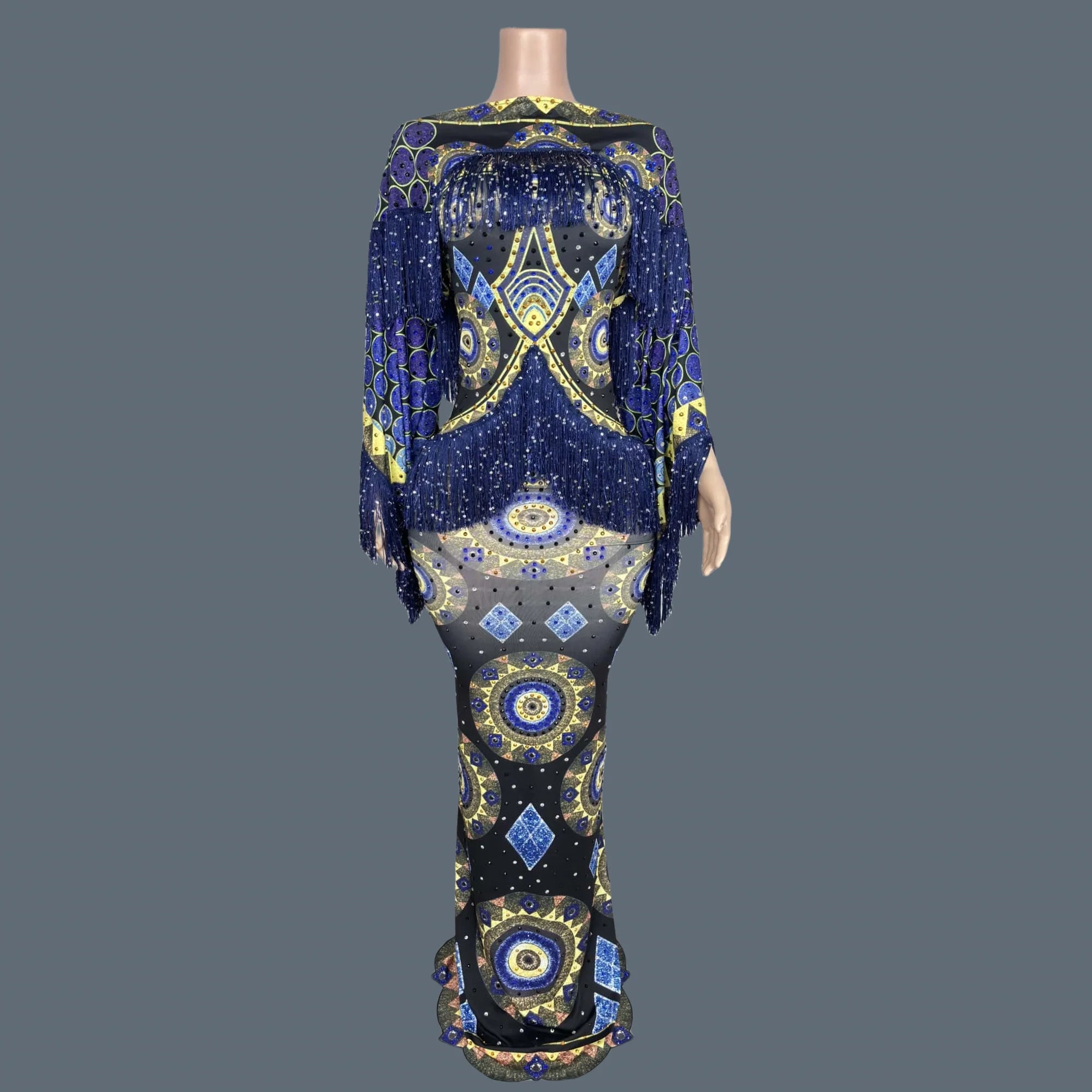 Spandex Bodycon Evening Gown Printing Tassel Long Dress Birthday Celebrate Party Queen Outfit Festival Event Couture Chengbao