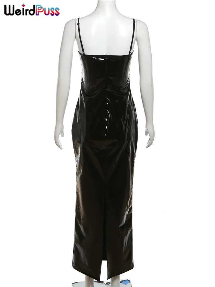 Weird Puss Patchwork Leather Sexy Dress Women Luxury Hipster Birthday Party Clubwear Sleeveless Black Split Bodycon Vestidos