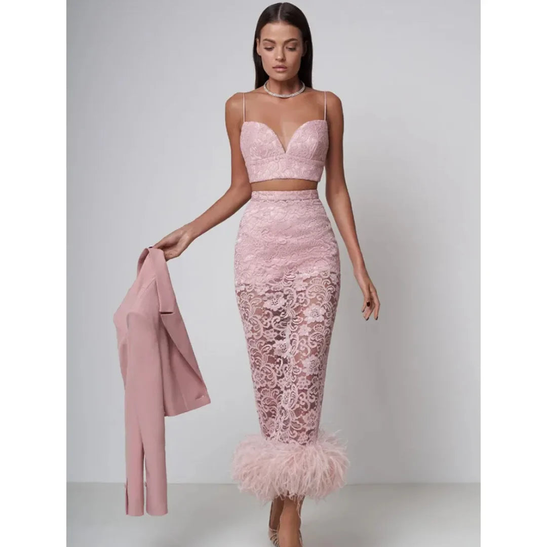 New Women Sexy V Neck Lace Feather Midi Skirt Bandage Set Celebrity Elegant Evening Club Cocktail Party Outfits