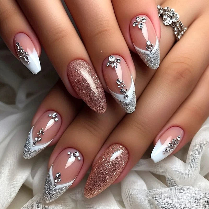 24pcs/set medium long fake nails for women starry star moon planet gradient glitter design almond ballet tip press on false nail